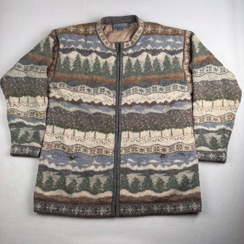 Icelandic Design Womens M Wool Zip Front Scenic Tree Fair Isle Lined Jacket Gray